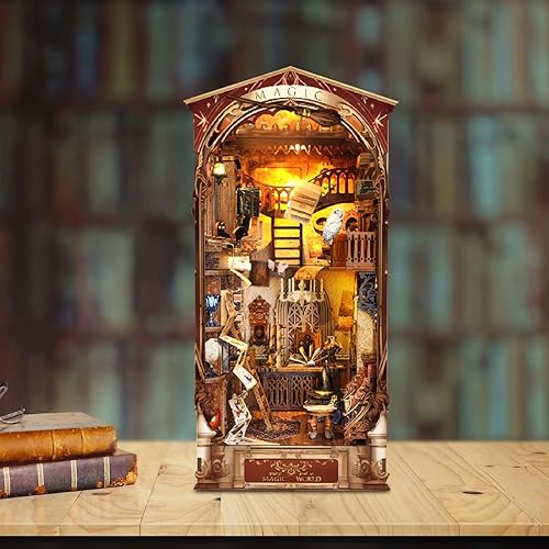 Miniatura 5 de Kit de rincón de libros, rompecabezas de madera 3D, decoración de estantería con libro mágico LED