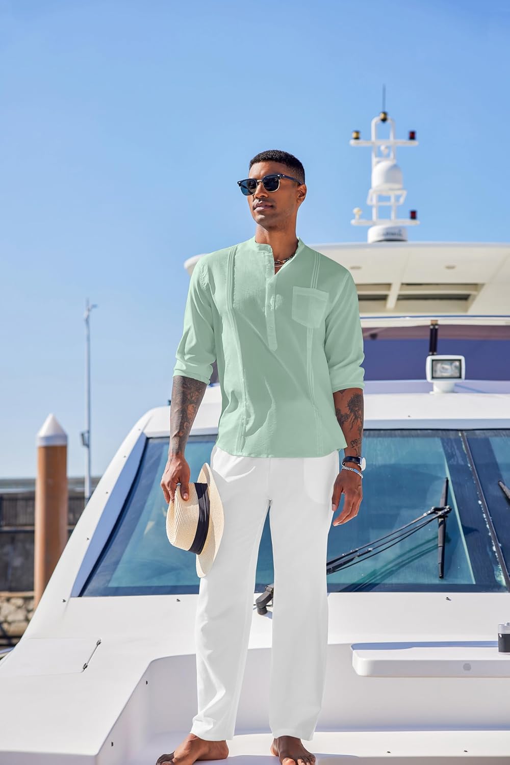 COOFANDY Men's 2 Piece Cotton Sets Casual Long Sleeve Cuban Henley Shirt and Loose Pants Set Beach Vacation Outfits