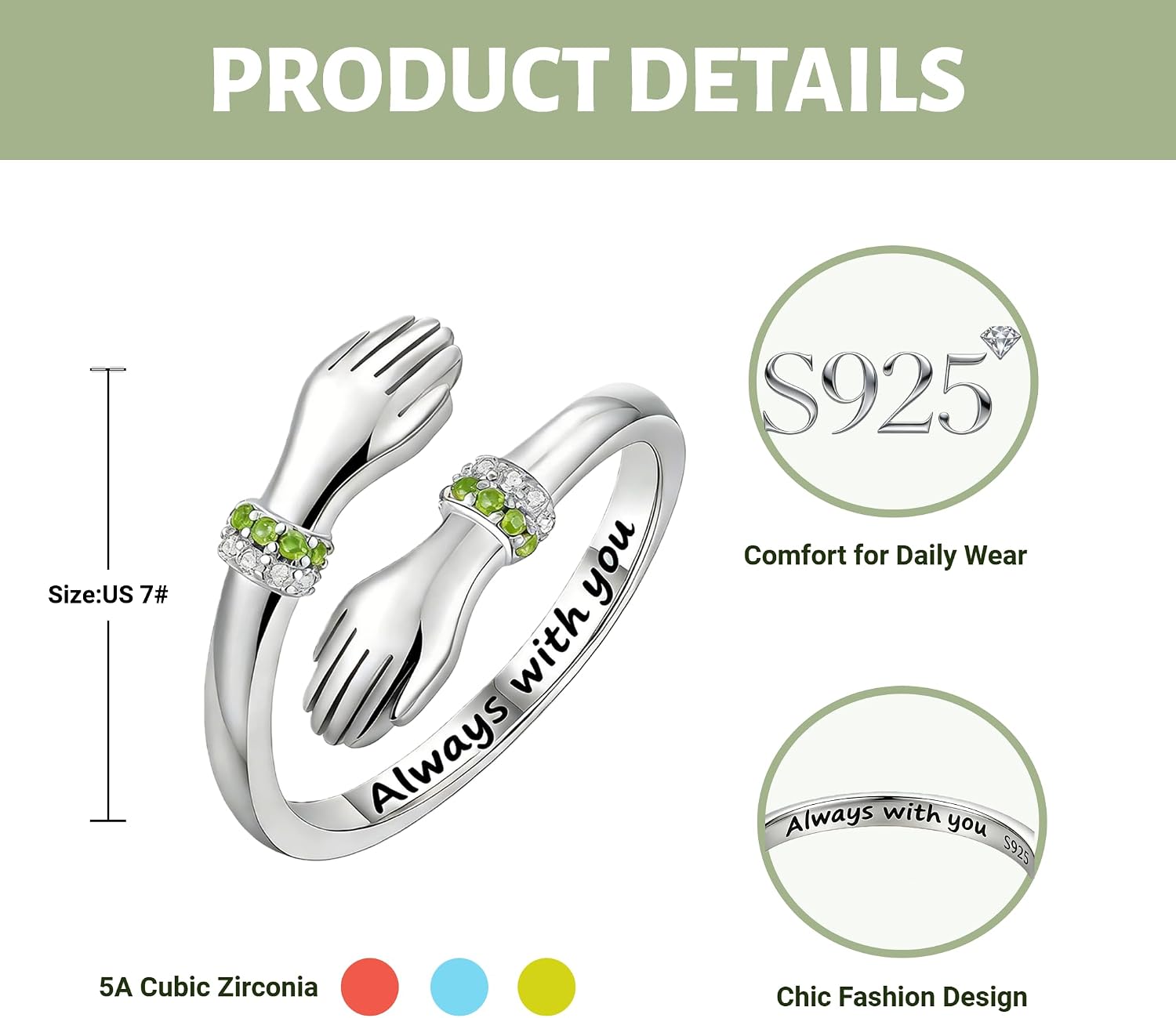 Prismata Hug Rings 925 Sterling Silver Hug Ring with 12 Months Birthstone Always with You Ring Valentine's Jewelry Gifts for Women Her Love One