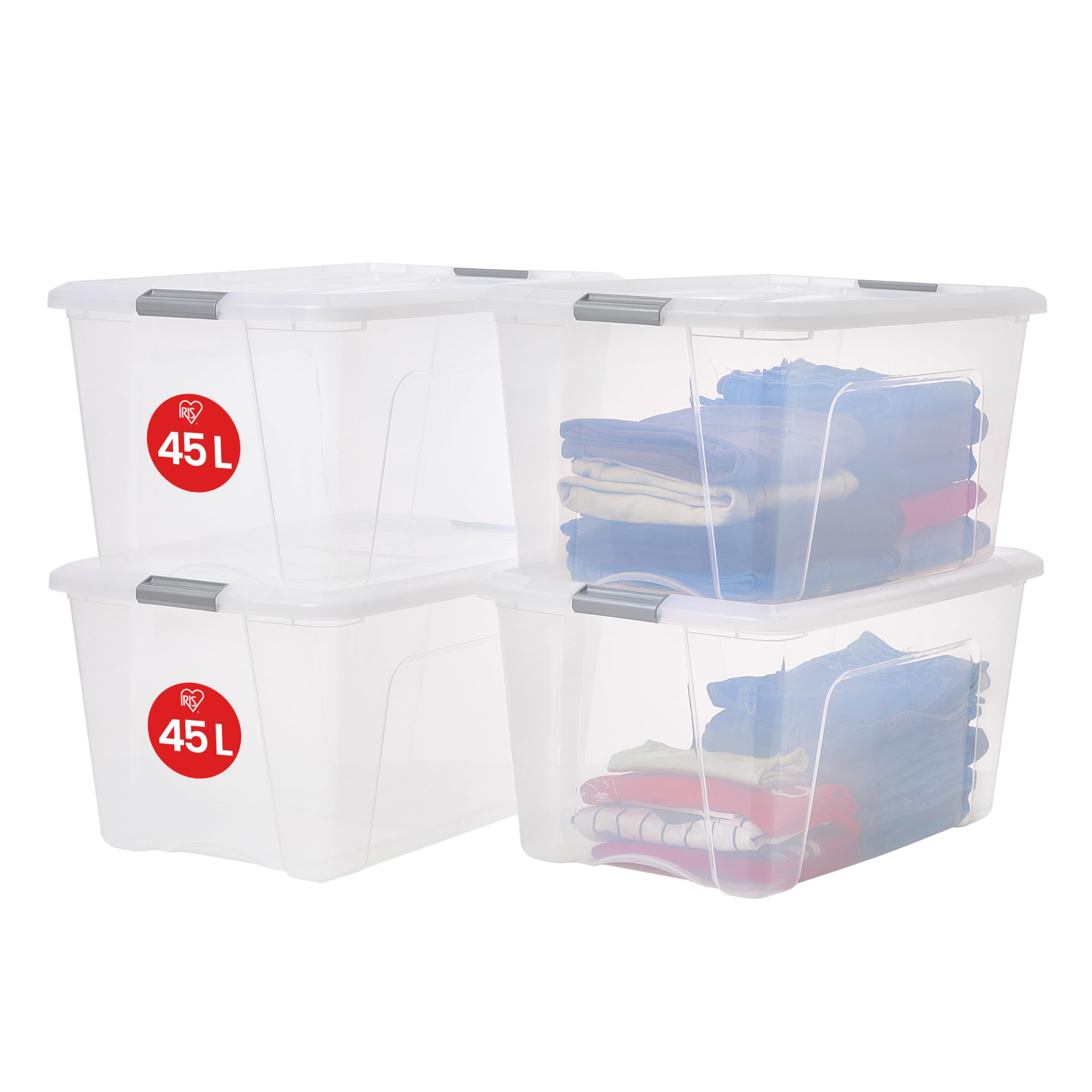 Iris Ohyama Storage Boxes with Lids, 45L, Set of 4, Silver, Secure Buckles, Stackable, Pull-Handles, For Bedroom, Closet, Office, Organisation, BPA Free Plastic, Clothes Tote, NTB-45