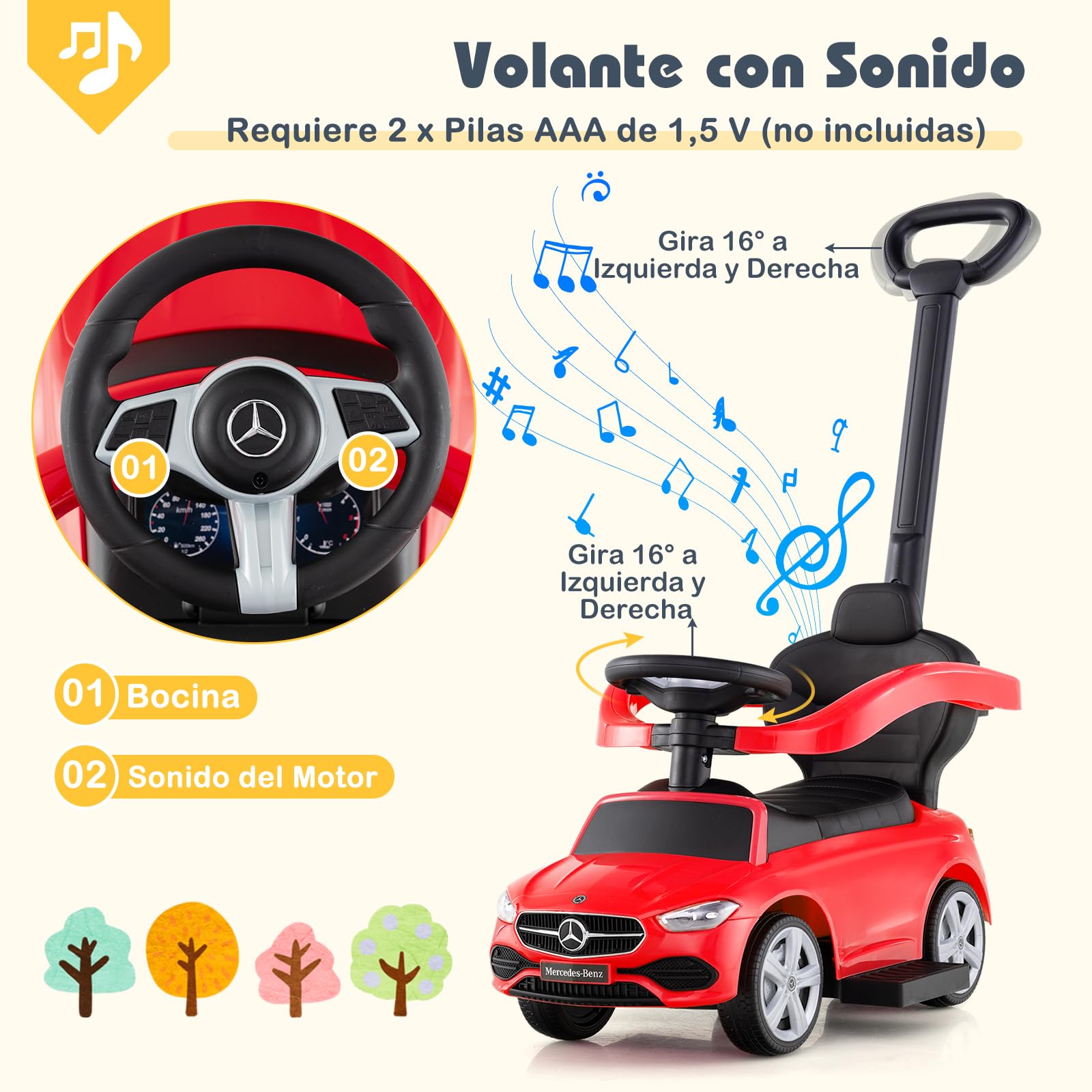 COSTWAY Coche Correpasillo 3 en 1 para Niños, Coche de Juguete con Barra de Empuje y Capota Ajustable, Coche con Pedal y Bocina para Niños de 18-36 Meses con Sonido (Rojo)
