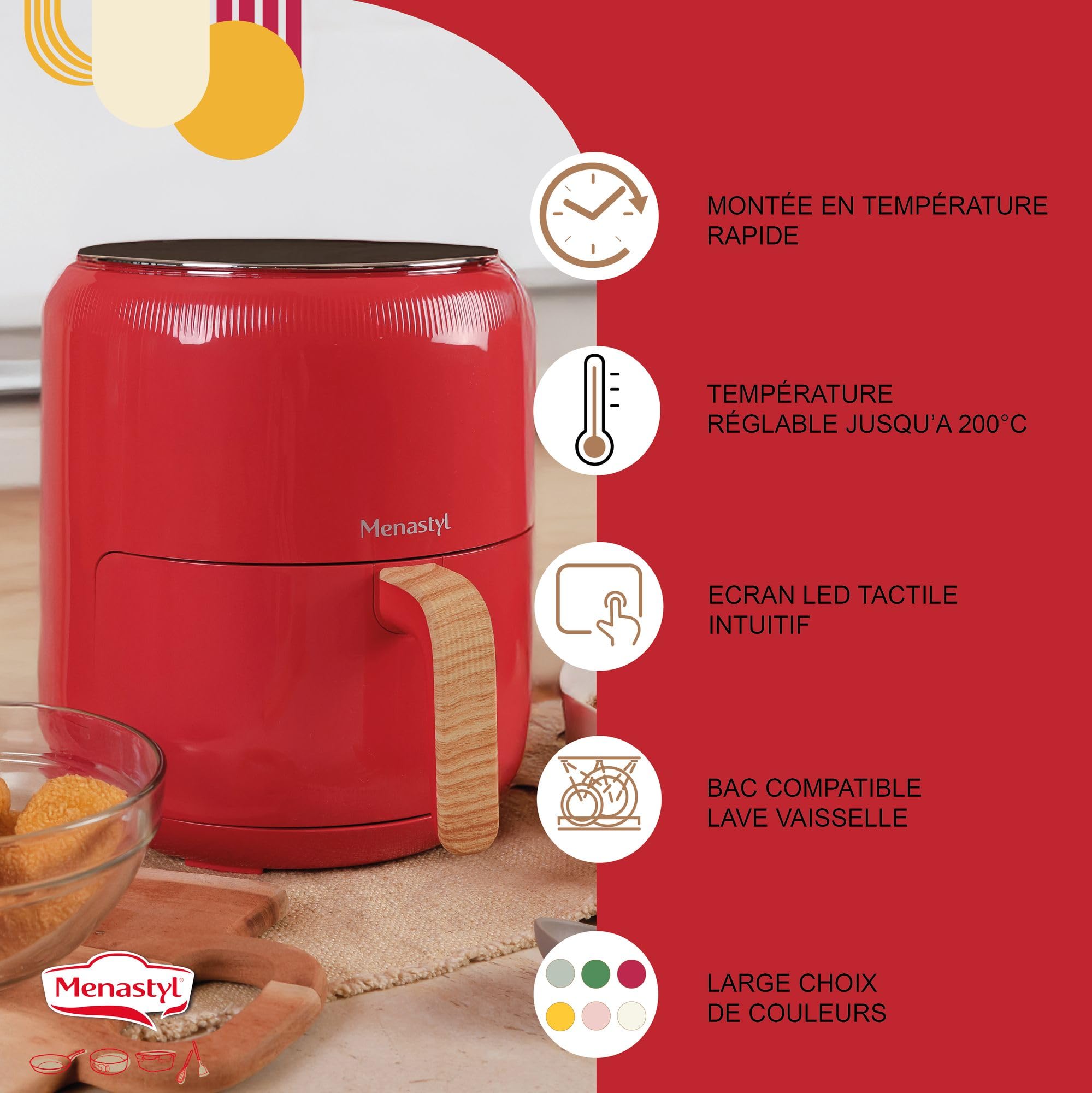 MENASTYL - Frytkownica na gorące powietrze 4,5 l colorama magenta wykończenie drewna - 6025002