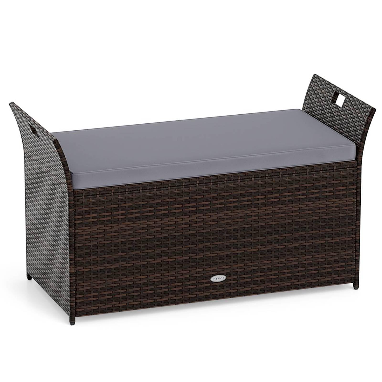 TANGZON Rattan Garden Storage Bench, 260L Outdoor Wicker Deck Box with Cushion & Side Handles, Patio Waterproof Deck Storage Bin for Pillows Pool Supplies Tools