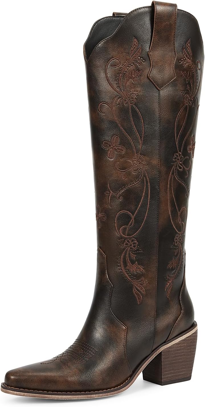 wetkiss Women Cowboy Boots Knee High Comfort Vintage Floral Embroidery, Retro Pointed Toe, Block Chunky Heel, Pull On Tabs, Ladies Western Cowgirl Boots
