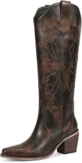 wetkiss Cowboy Boots Womens Knee High Cowgirl Boots Embroidered Pointed Toe