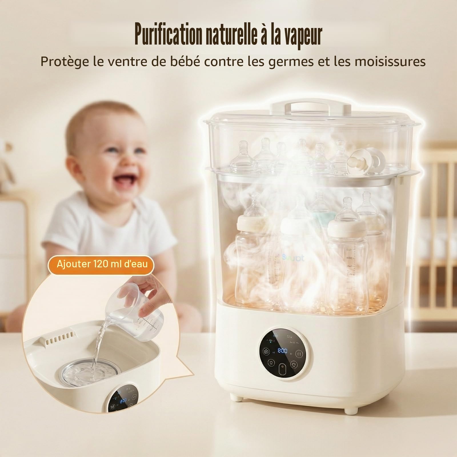 Stérilisateur et séchoir pour biberons, stérilisateur électrique 4 en 1 pour biberons, accessoires de tire-lait, tétine, grande capacité pour 5 à 8 bouteilles, arrêt automatique
