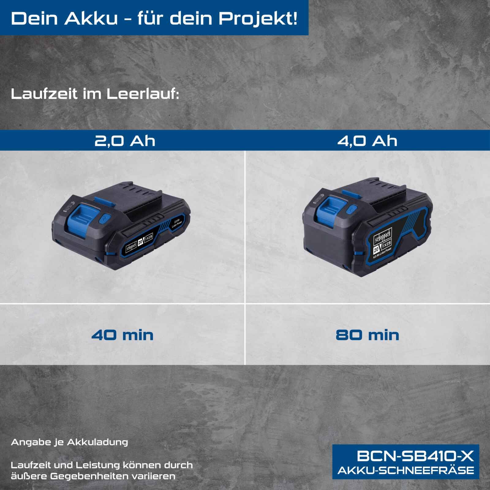 Scheppach Akku Schneefräse BC-SNB410-X Schneeräumer | 40cm Arbeitsbreite | 20cm Schneehöhe | variable Auswurfrichtung | 20V-IXES-Serie | 10 Jahre Garantie | mit 2x4Ah Akku & fastcharge Doppelladegerät