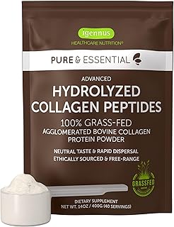 Igennus Pure & Essential 100% Grass Fed Bovine Collagen Powder, Advanced Hydrolyzed Collagen Peptides, Collagen Types 1, 2 & 3, Non-GMO, Free Range, Organic, Gluten & Dairy Free, Easy Mix, 40 Servings