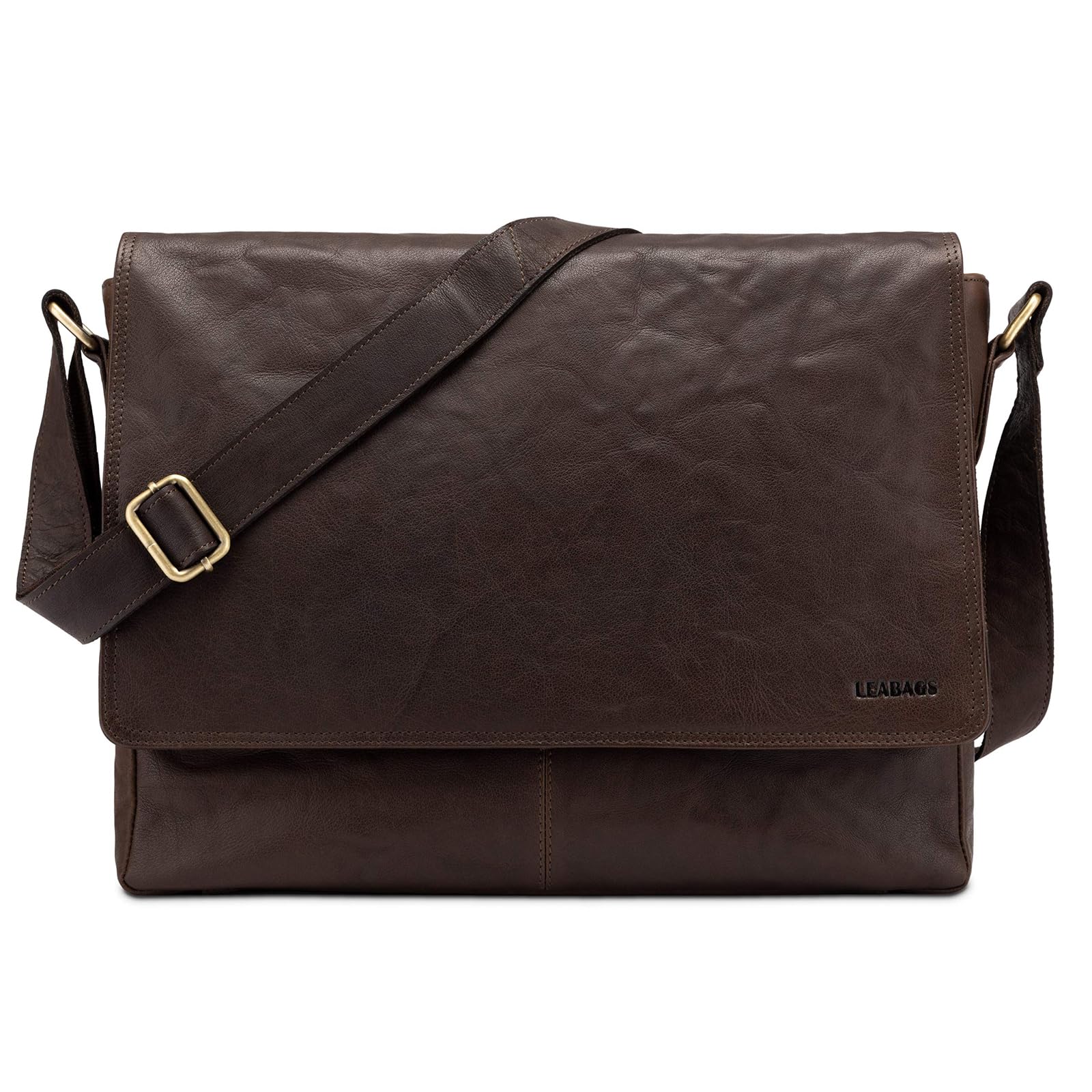 LEABAGS Bolso Bandolera para Hombres y Mujeres | Bolso Mensajero con Correa | Bolsa Cuero Genuino para Portátil 15" | Bolsa de Hombro | Bolsa de Trabajo | Bolsa de Transporte