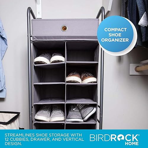 Miniatura 2 de BIRDROCK HOME Zapatero vertical de 12 cubos con cajón grande, color gris, torre independiente para armario, marco de metal resistente, ahorra