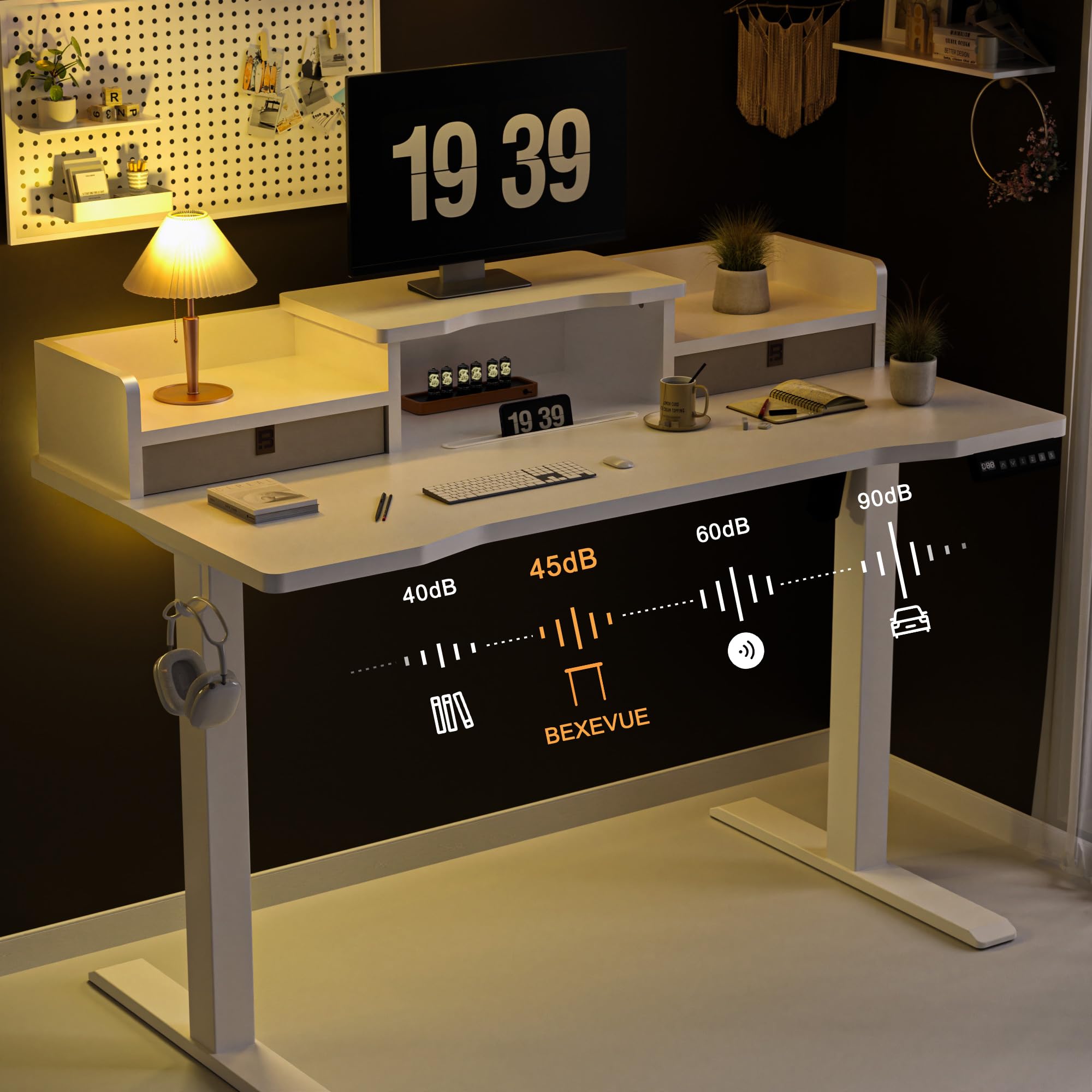 BEXEVUE L-vormig Sta Hoekbureau-160x140cm In Hoogte Verstelbaar Elektrisch Bureau, Gesplitste Plaat Sta-tafel, Slim Bedieningspaneel 3 Geheugenhoogten, Antibotsingssysteem Zit-sta-bureau Thuis Kantoor