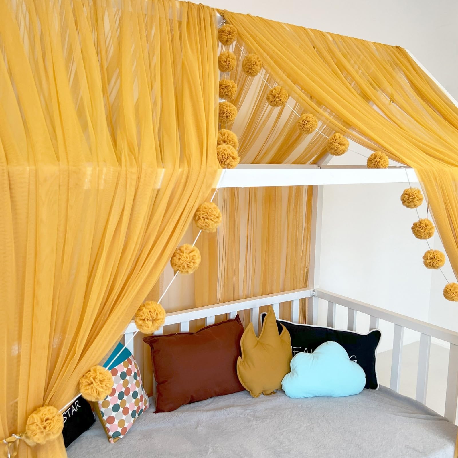 Tenda a baldacchino per letto della cameretta dei bambini, decorazione per letto montessori, tenda da gioco in morbido tulle per bambini (senape, 420 cm, set da 4)