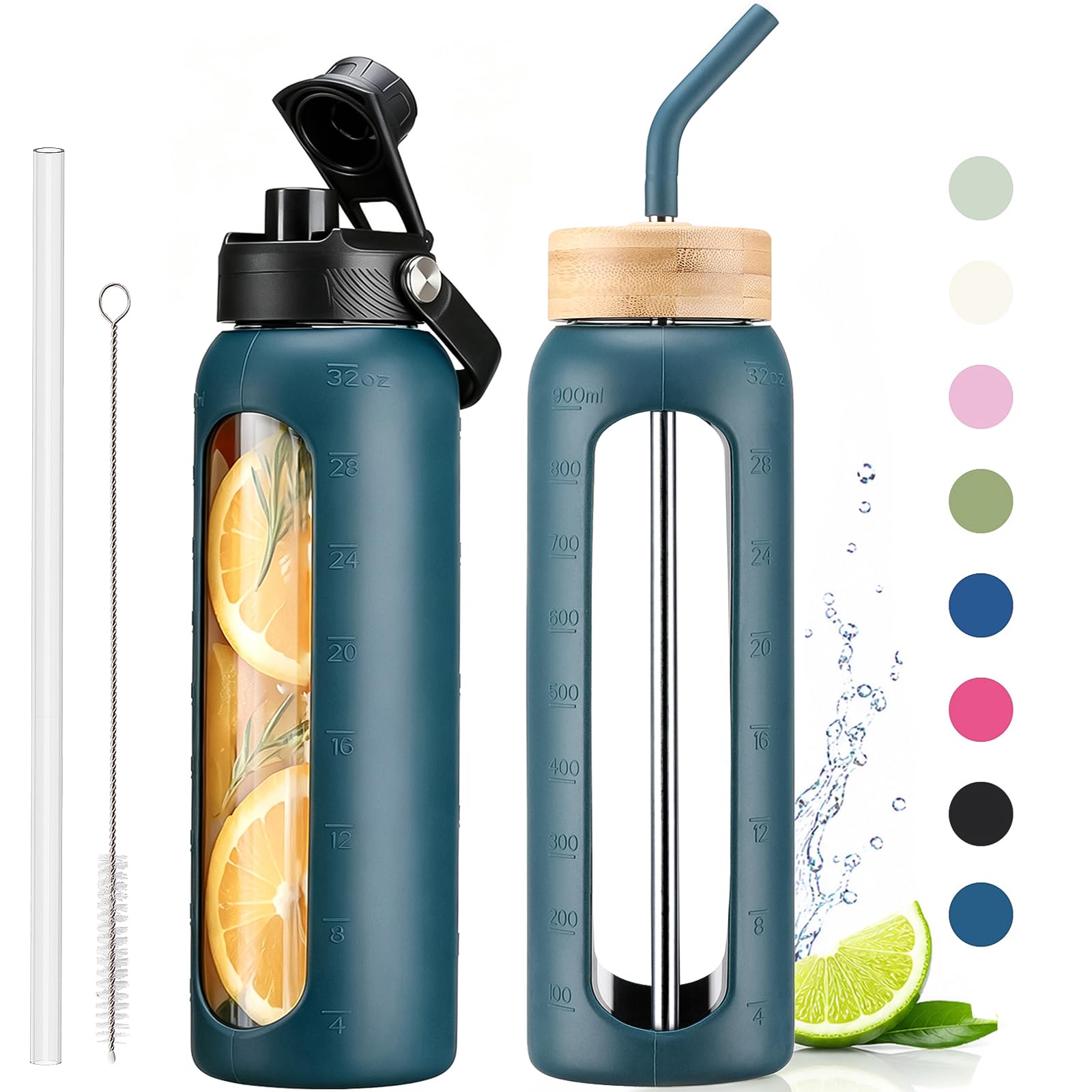 32 oz Glass Water Bottle with Straw and 2 Lids, Dark Blue