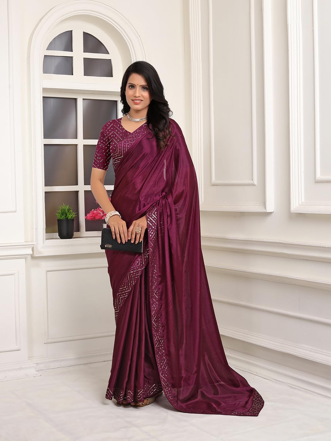 Women's Ready to Wear Chinon Silk 1 Minute Pre Pleated Indian Plain Embroidered Lace Border Saree With Blouse Piece