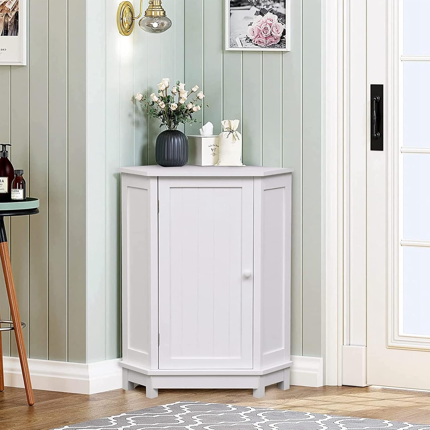 Corner Cabinet with Door - Bathroom Storage with Removable Shelves - White