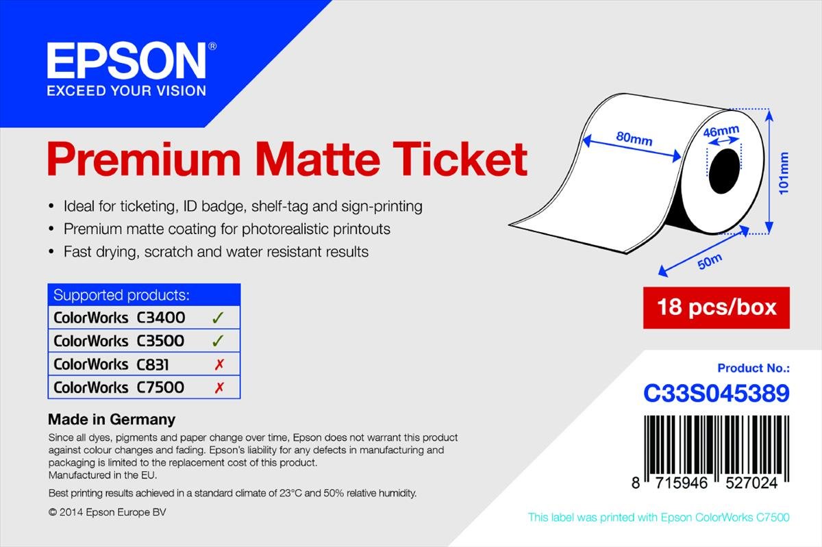 Epson Premium Matte Ticket Roll, 80 mm x 50 m