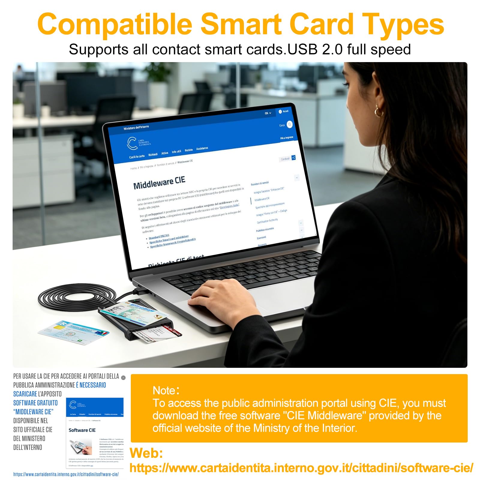 Lettore CIE 3.0 Carta d'identità Elettronica e Tessera Sanitaria Italiana,USB Lettore Smart Card Firma Digitale Lettore Smart contatto e contactless CIE/CRS/CNS,Lettore NFC per PC Windows 10 11 Linux