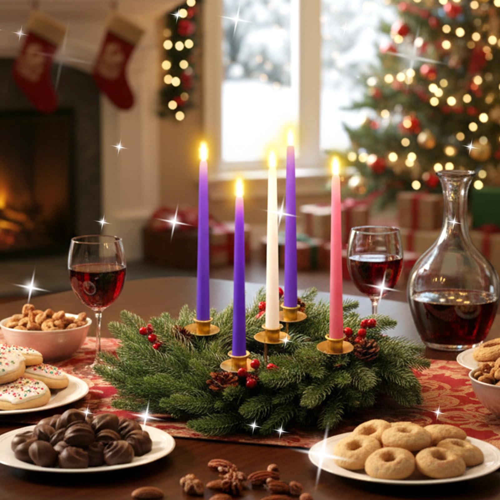 LemonRoad Juego de 2 coronas de Adviento de Navidad de 12 pulgadas, 5 portavelas, decoración de centro de mesa de Navidad con conos de pino, tallo de bayas de acebo para Navidad, decoración del hogar