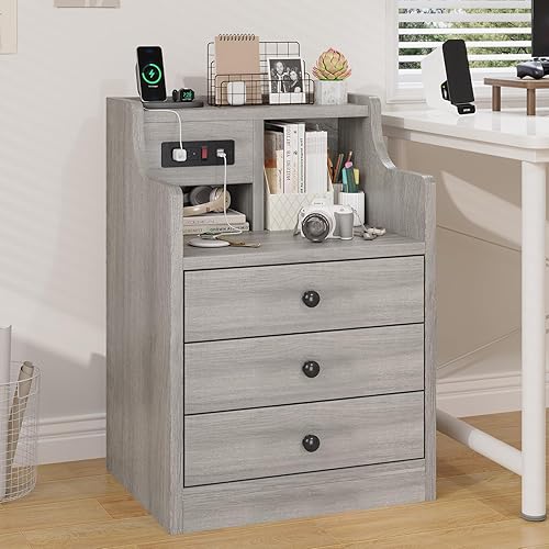 Miniatura 8 de Tiptiper Juego de 2 mesitas de noche grises con gabinete y estación de carga, mesita de noche con 3 cajones para dormitorios, juego de 2, mesa