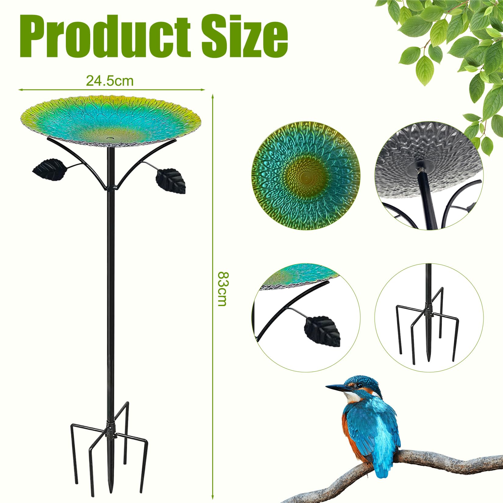 Forbabe Bird Bath Standing Large 24.5 x 83 cm Bird Bath Garden Standing Metal Water Bath for Birds, Green - Image 2