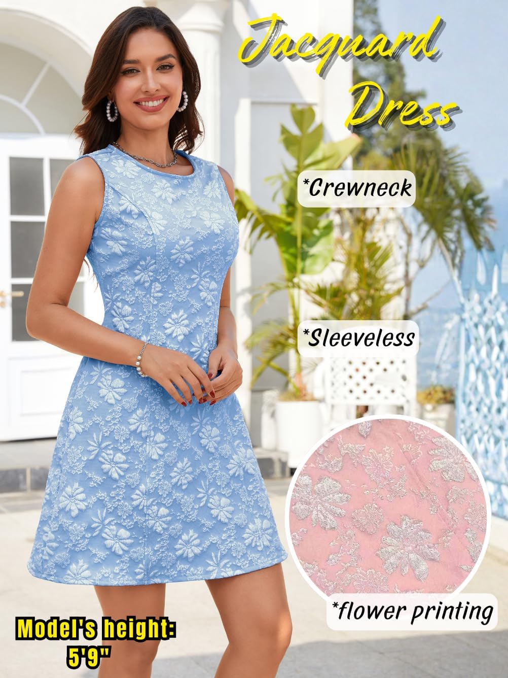 Jacquard Floral Short Dress, Pastel A Line, Business Casual, Elegant Cute Sleeveless Shift Dresses Brunch Tea - Image 3