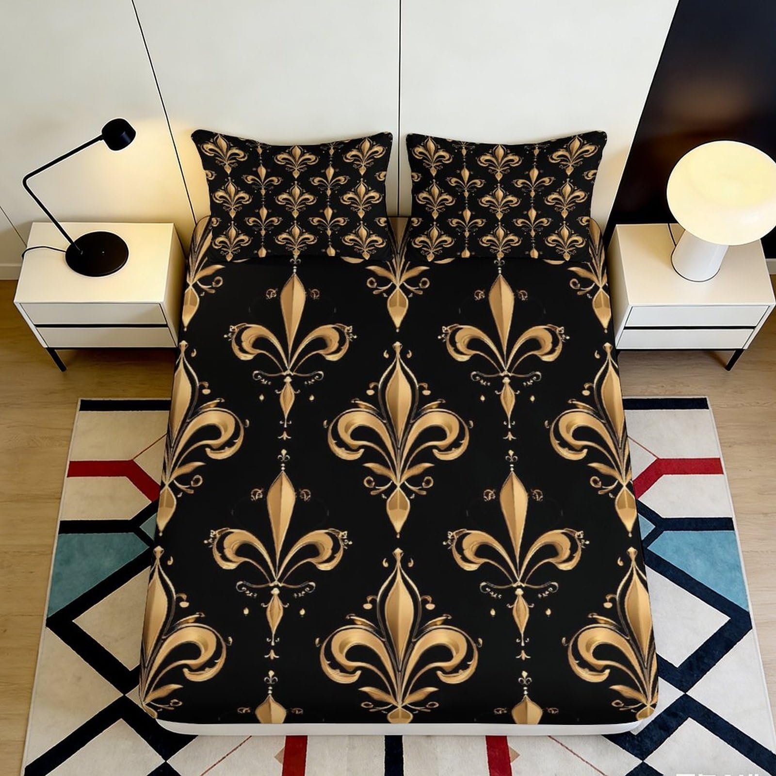 3D Printed Golden Fleur-de-Lis Fitted Sheet Microfiber Deep Pocket Non-Slip Bedroom Bedding Fleur-de-Lis Mattress Fitted Cover Washable 200x200x25cm