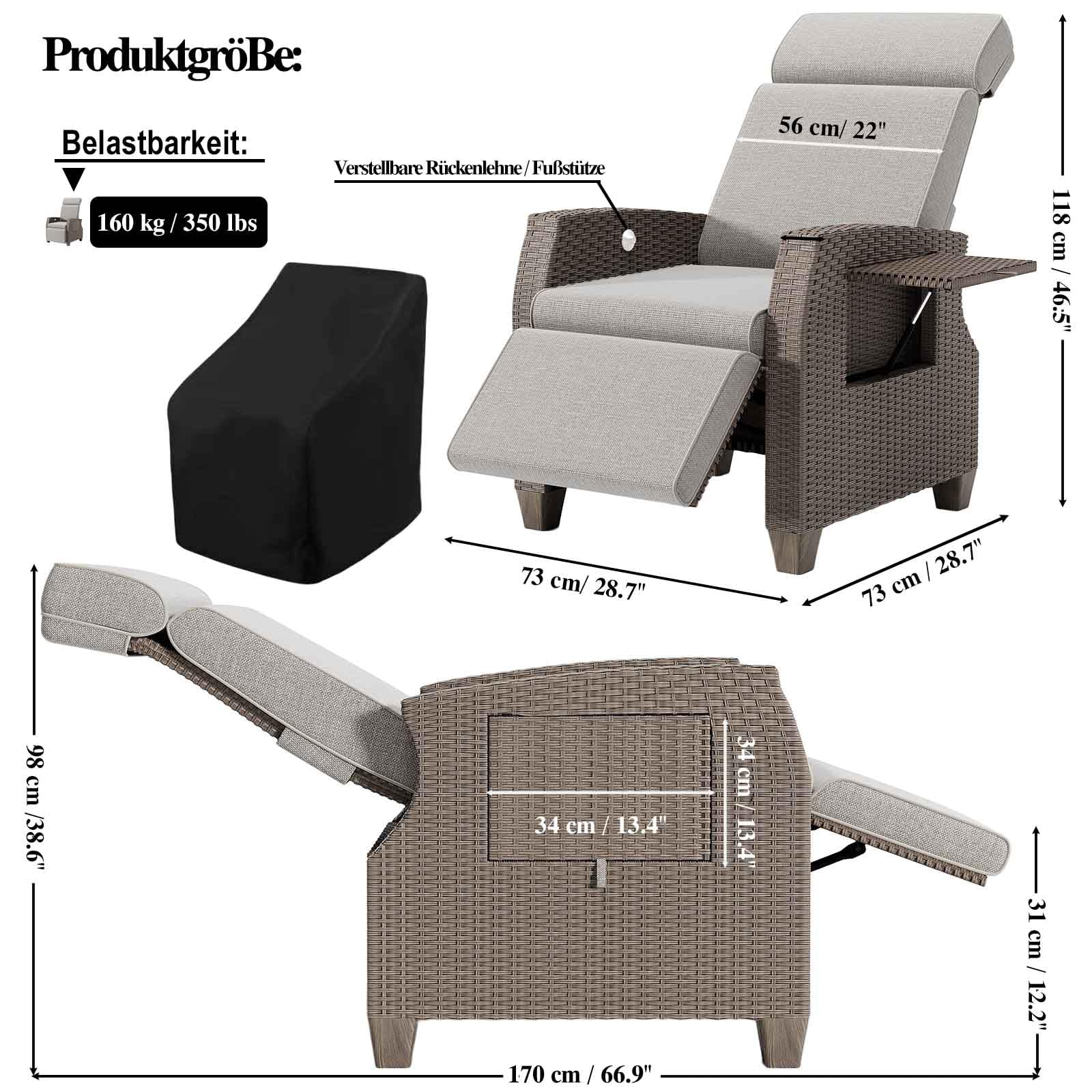 Fiutazge Fauteuil Relax Jardin en Rotin,Chaise Longue Jardin avec Coussin,Transat Jardin Exterieur,Dossier RéGlable,Table Latérale,Bain de Soleil pour Intérieur,Extérieur,Beige Coussin