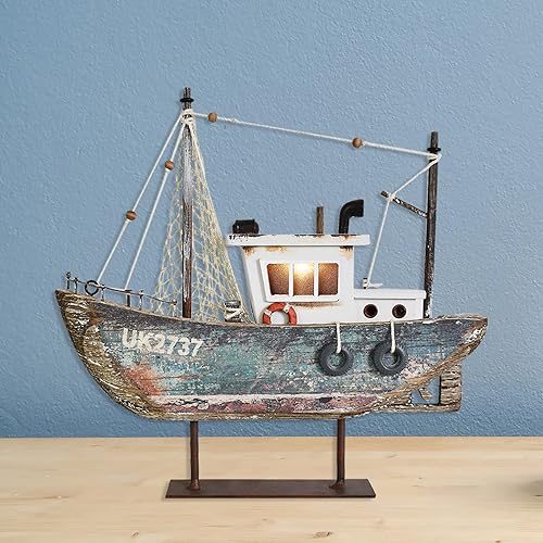 Miniatura 5 de Aecipl Decoración náutica modelo de velero de madera con luz LED, adorno de barco de vela con temática de playa, centro de mesa costero de madera,
