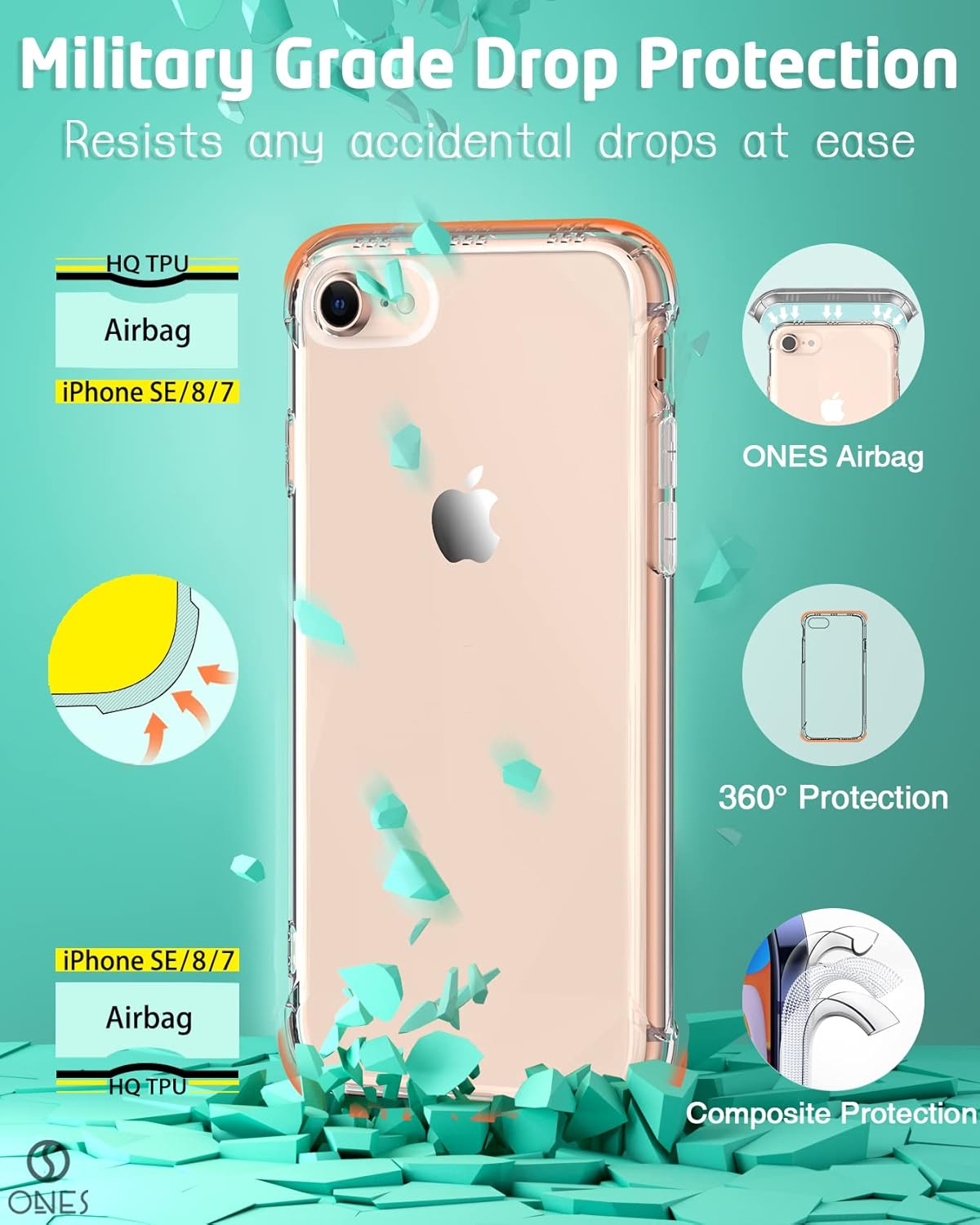 ONES for iPhone SE3 SE2 SE 8 7 Case Clear, Slim Soft TPU Silicone Cover, Military Drop Protective Thin Phone Bumper Case with Shockproof Airbags, Yellowing Resistant, Transparent - Image 4