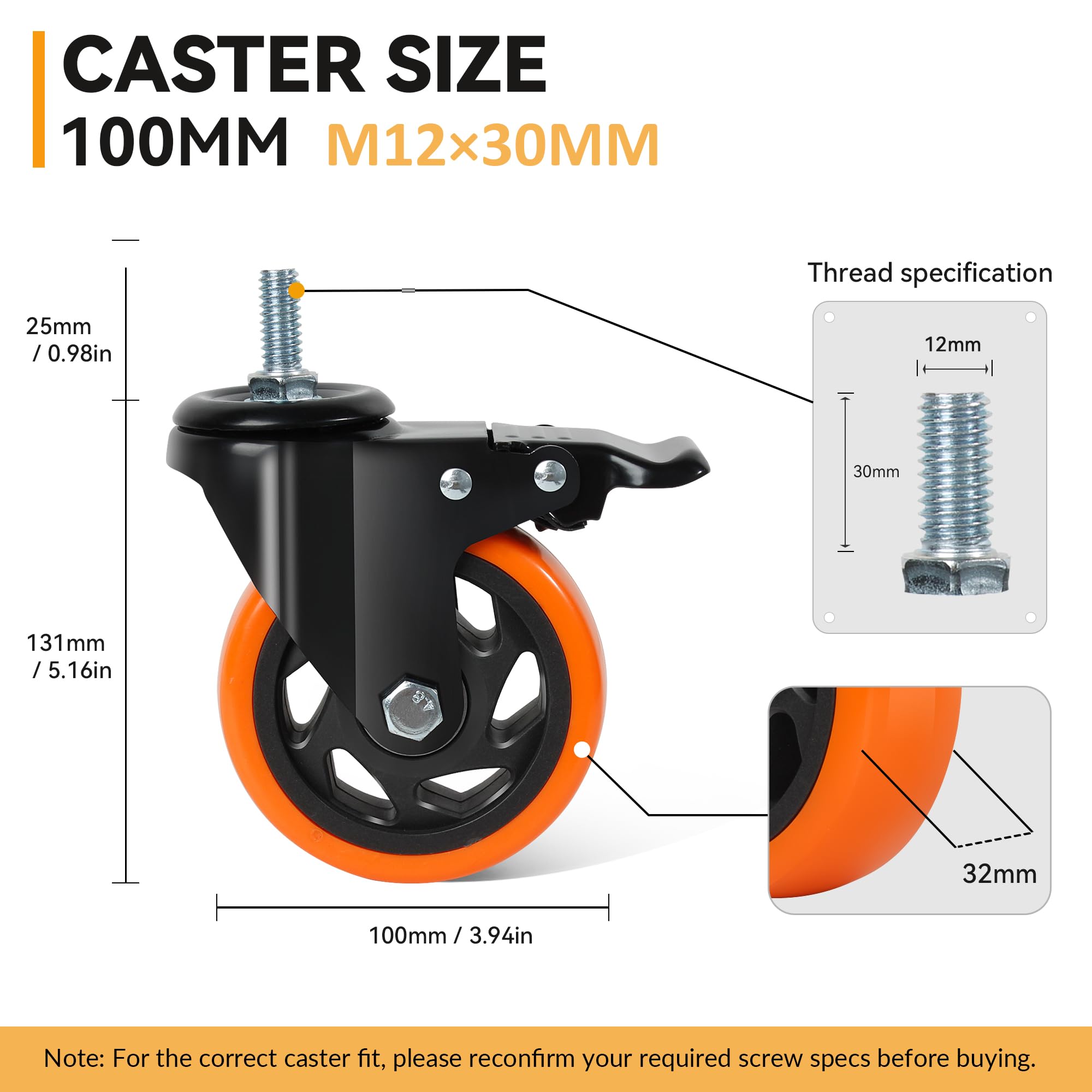 Roulette Charge Lourde 100mm Roulettes Pivotantes M12 x 30mm Roulettes pour Meubles à Tige Filetée Jusqu'à 550kg Roulettes de Transport pour Chariot à Outils, Établi