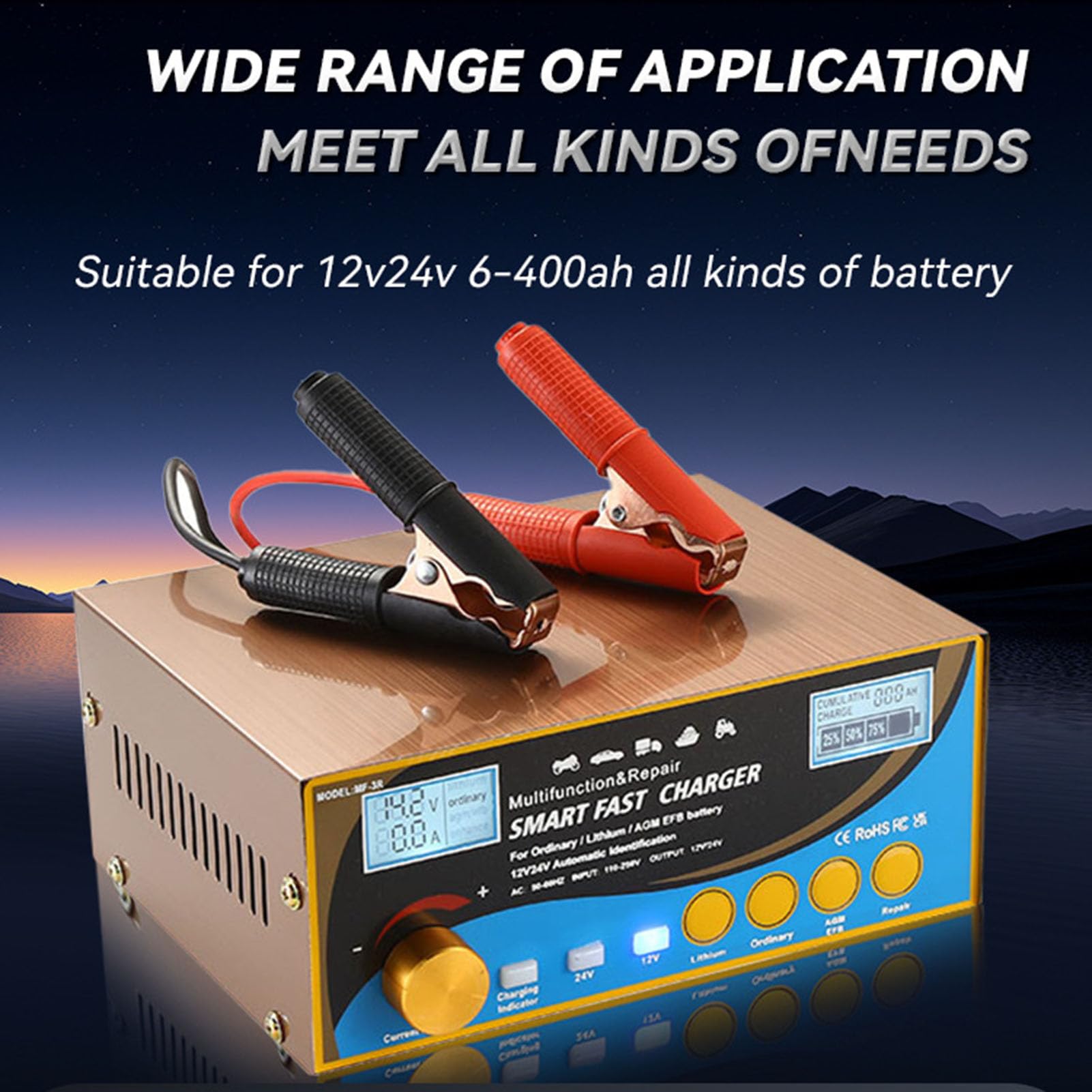 Luocute Caricatore della Batteria Dell'auto, Manutentore di Batteria Automatica Intelligente 400 W e Desolfator, Caricatore a Gocciolamento, Adatto Alla Barca per Falciatrice per (Spina europea)
