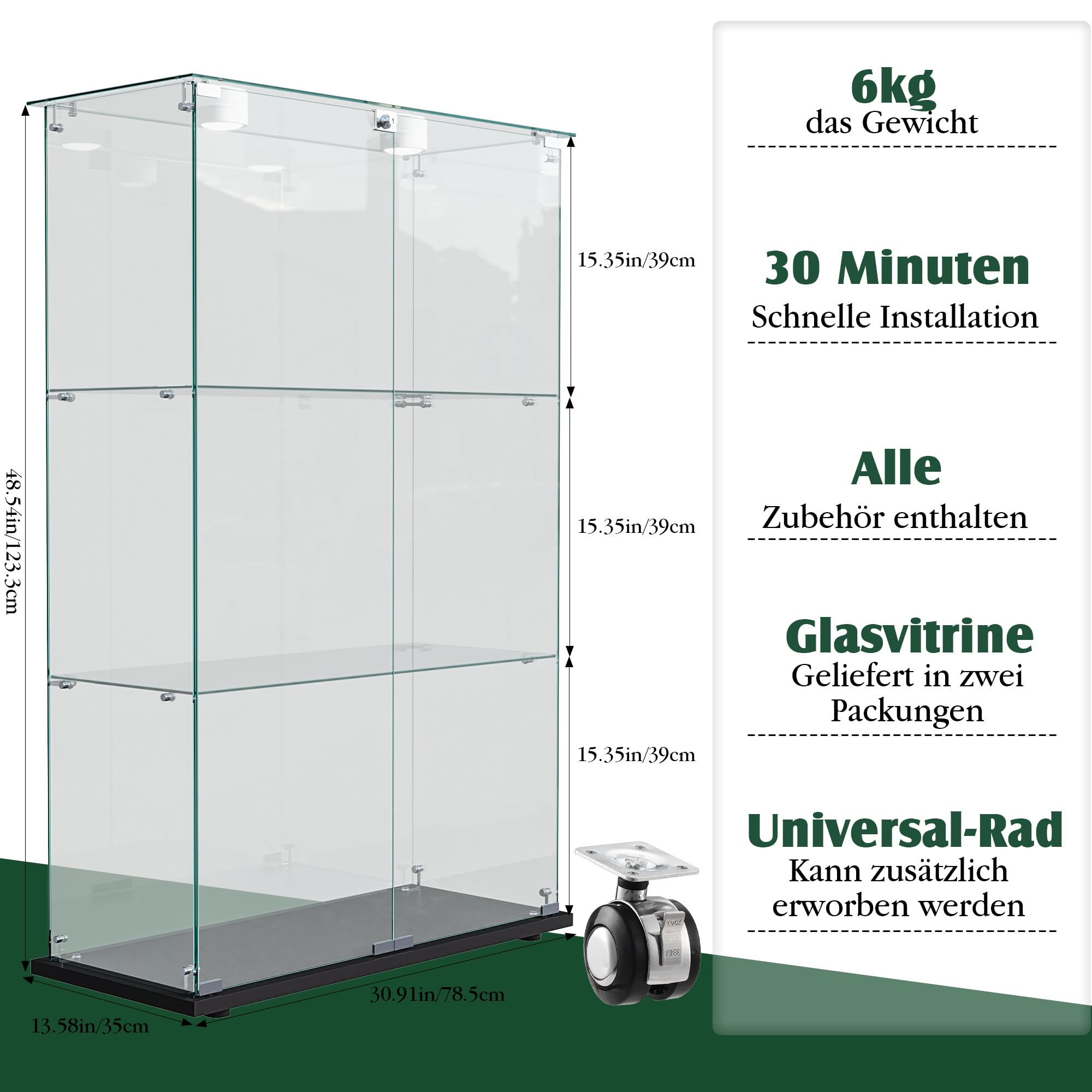 3-poziomowa zamykana witryna wystawowa ze światłami LED, 123 x 35 x 78 cm, ciekawska witryna na przedmioty kolekcjonerskie, elegancka witryna do przechowywania w salonie, futrzana witryna