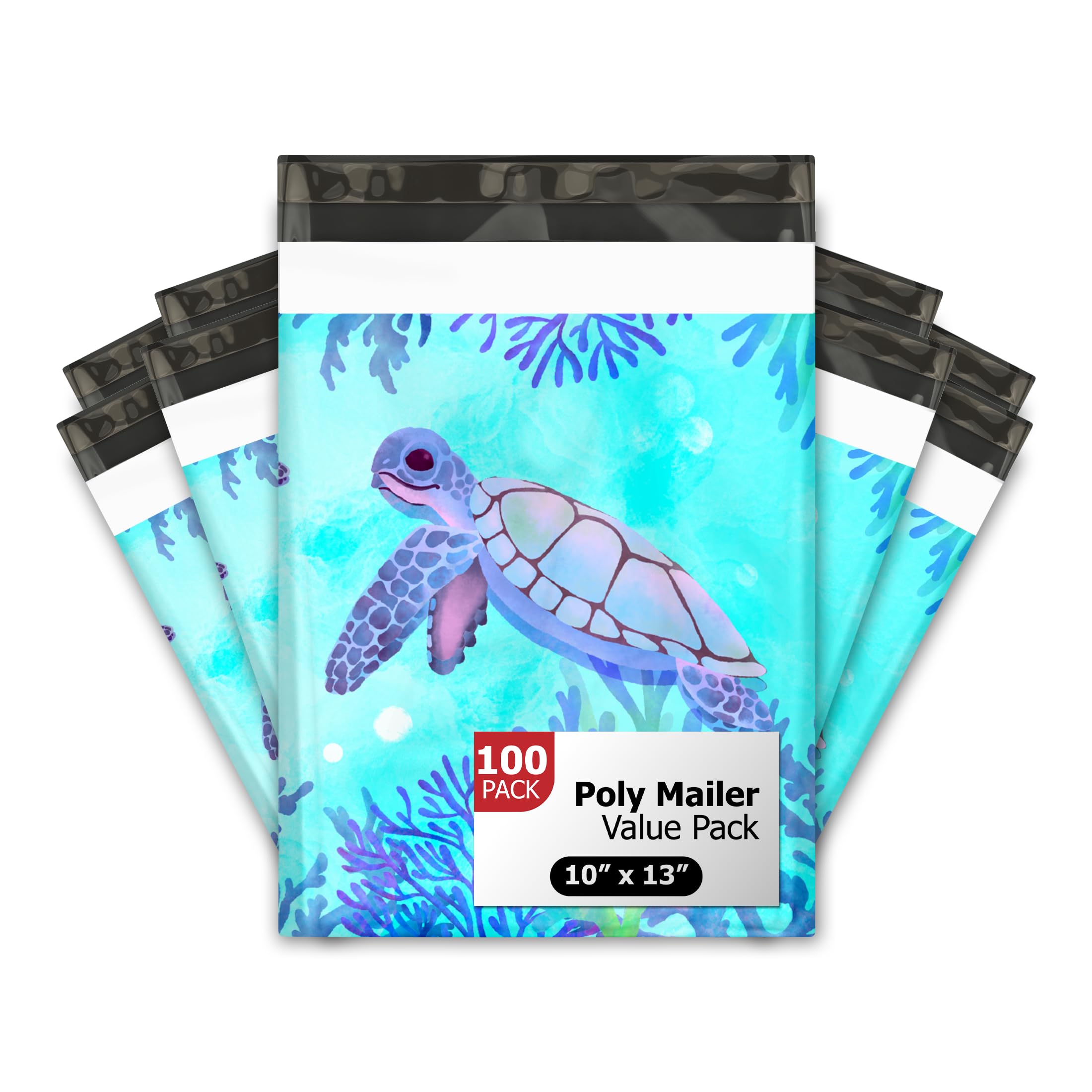 10x13 (100) Sea Turtle Designer Poly Mailers Waterproof Self Sealing Tear Resistant Polymailers Shipping Envelopes Premium Printed Bags For Small