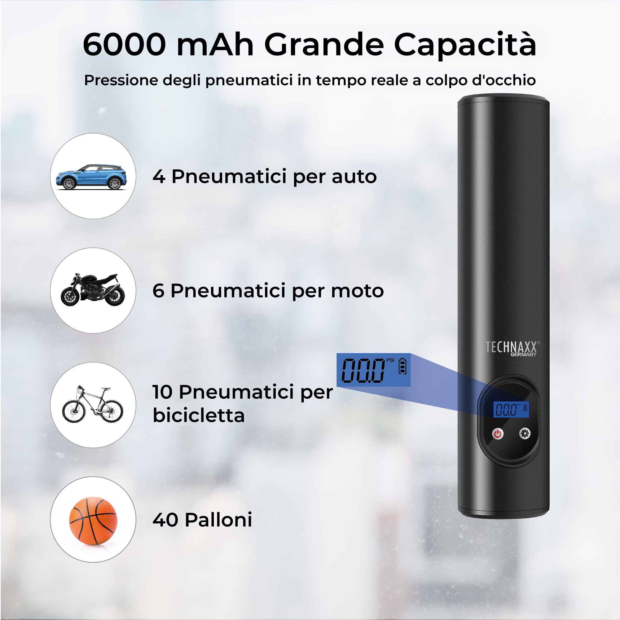 Technaxx Compressore Aria Portatile 6000mAh – Gonfiatore Wireless con Display Digitale, 8 Bar Auto Stop, 12V, Pompa Pneumatici per Auto, Bicicletta, Moto e Palloni, Luce LED - TX-157
