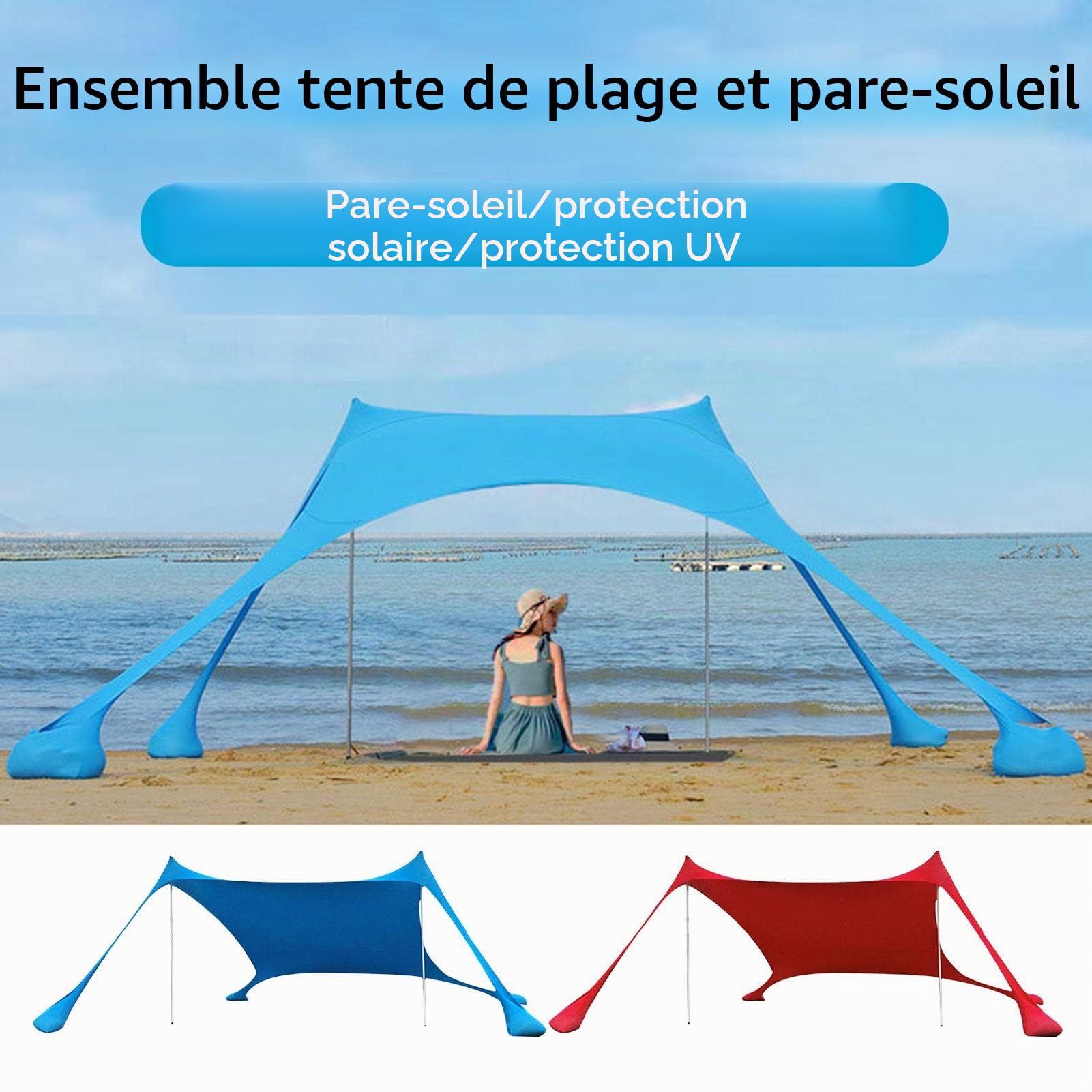 Abri Solaire Portable UPF50+ Plage Auvent Coupe-Vent Familial avec 2 Mâts pour Le Camping et l’Exterior
