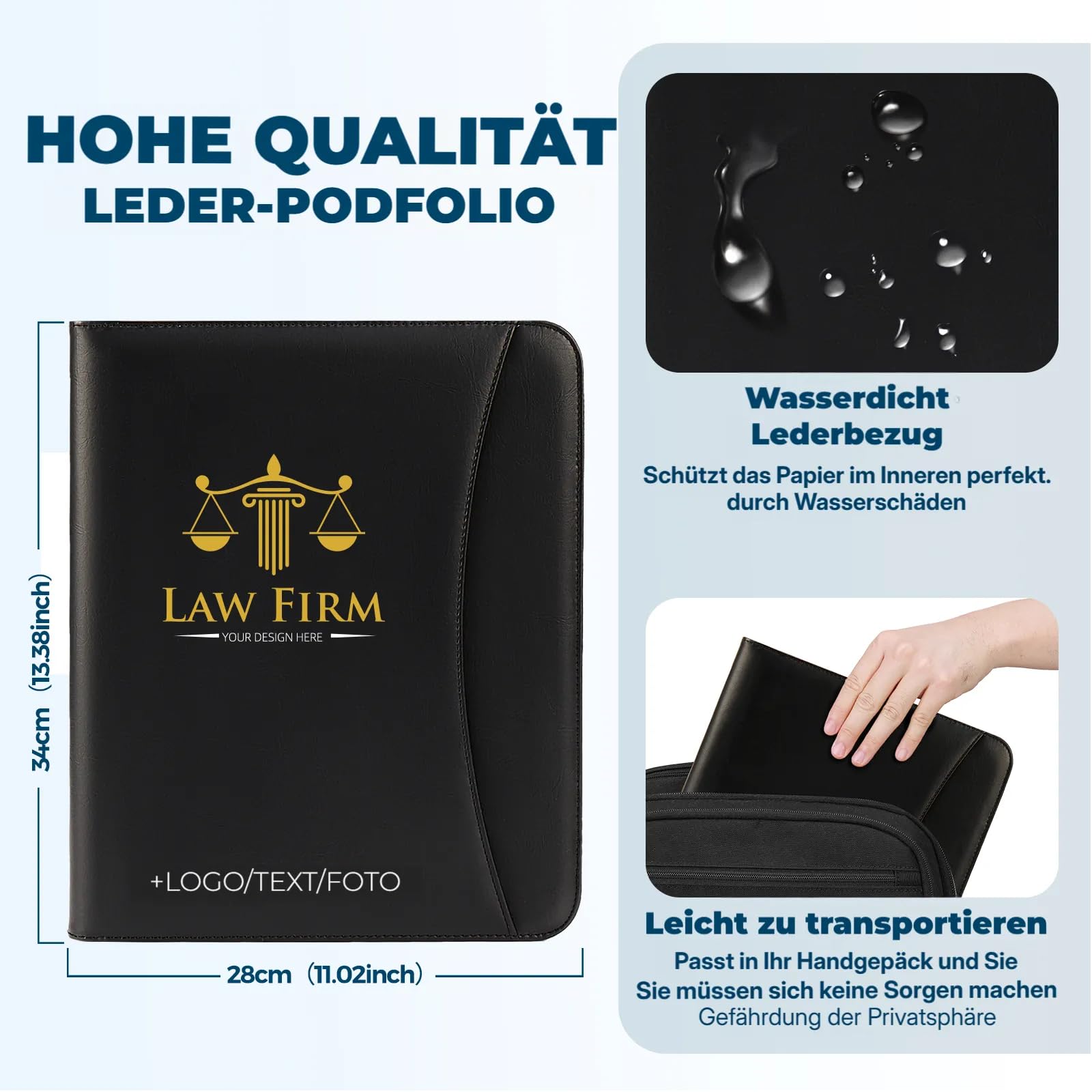 ENOMY Konferenzmappe A4 personalisiert Leder mit Reißverschluss, Dokumentenmappe Organizer Schreibmappe Portfolio Mappe mit Logo Bild, Business Bewerbungsmappe für Büro Meeting Reise Schwarz (Schwarz)