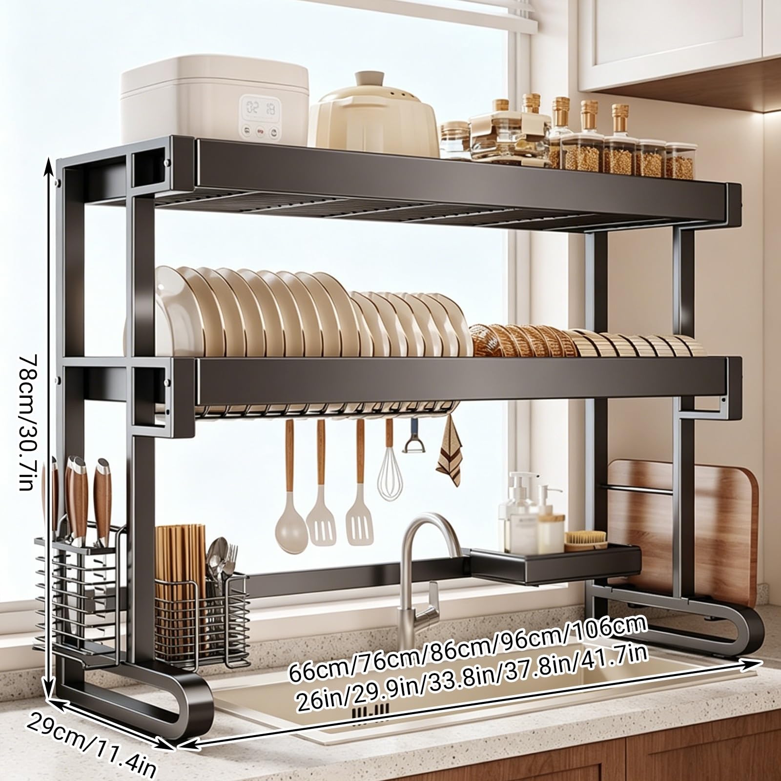 Escurridor de Platos de Acero Inoxidable para Colocar sobre el Fregadero, Altura Ajustable, Estante para Ahorrar Espacio para Fregadero de Cocina, para Platos, Vasos, Cuencos y Cubiertos (do