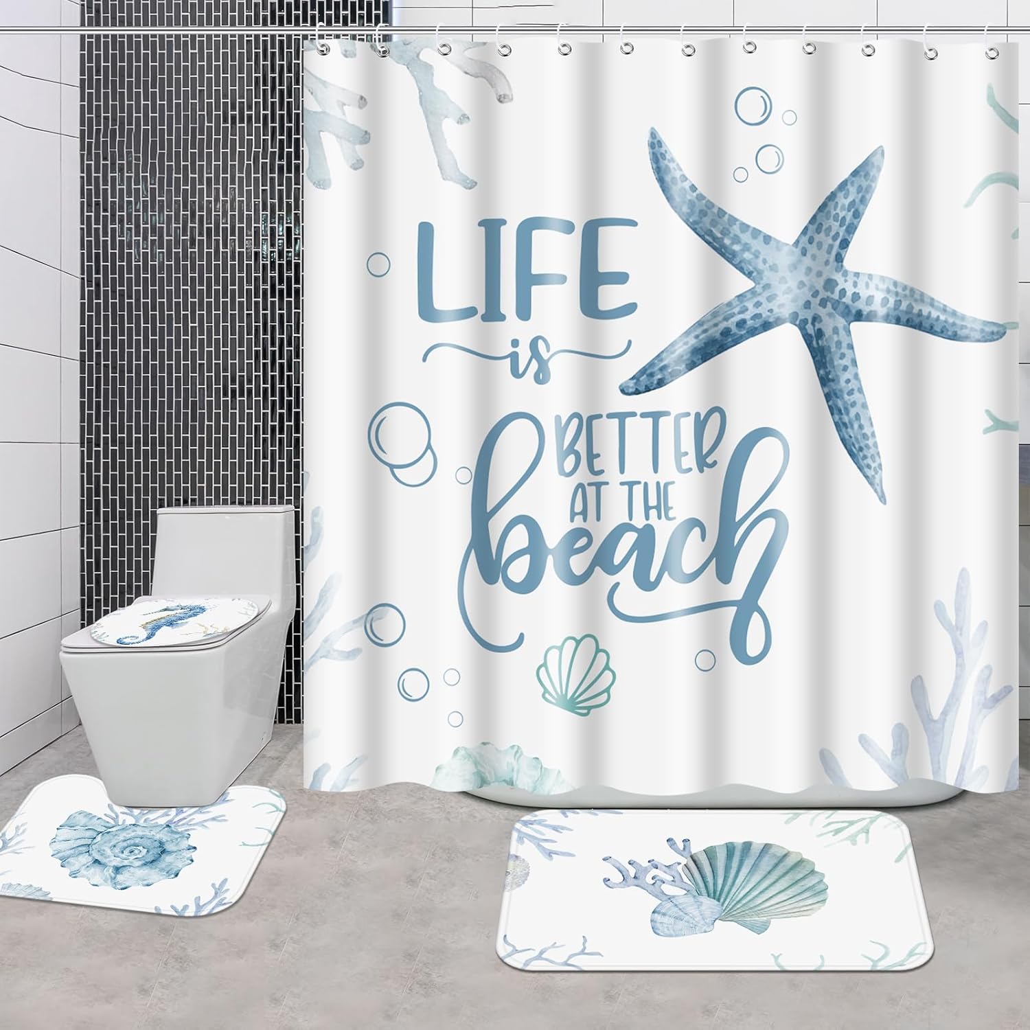 WovWeave 4 Pcs Beach Bathroom Shower Curtain Set, Ocean Animals Bathroom Curtain with 12 Hooks, Non-Slip Rugs, Toilet Lid Cover, U Toilet Mat for Ocean Beach Theme Decoration