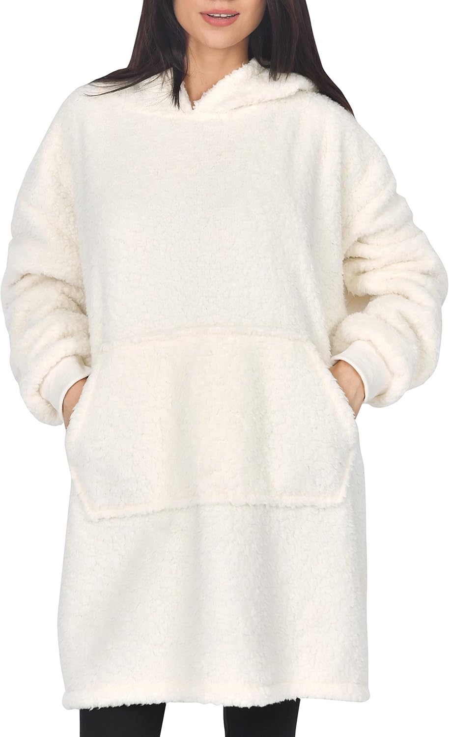 Sleepdown Womens Ladies Single Layer Borg Blanket Hoodie Warm Soft Cosy Loungewear - One Size - Cream