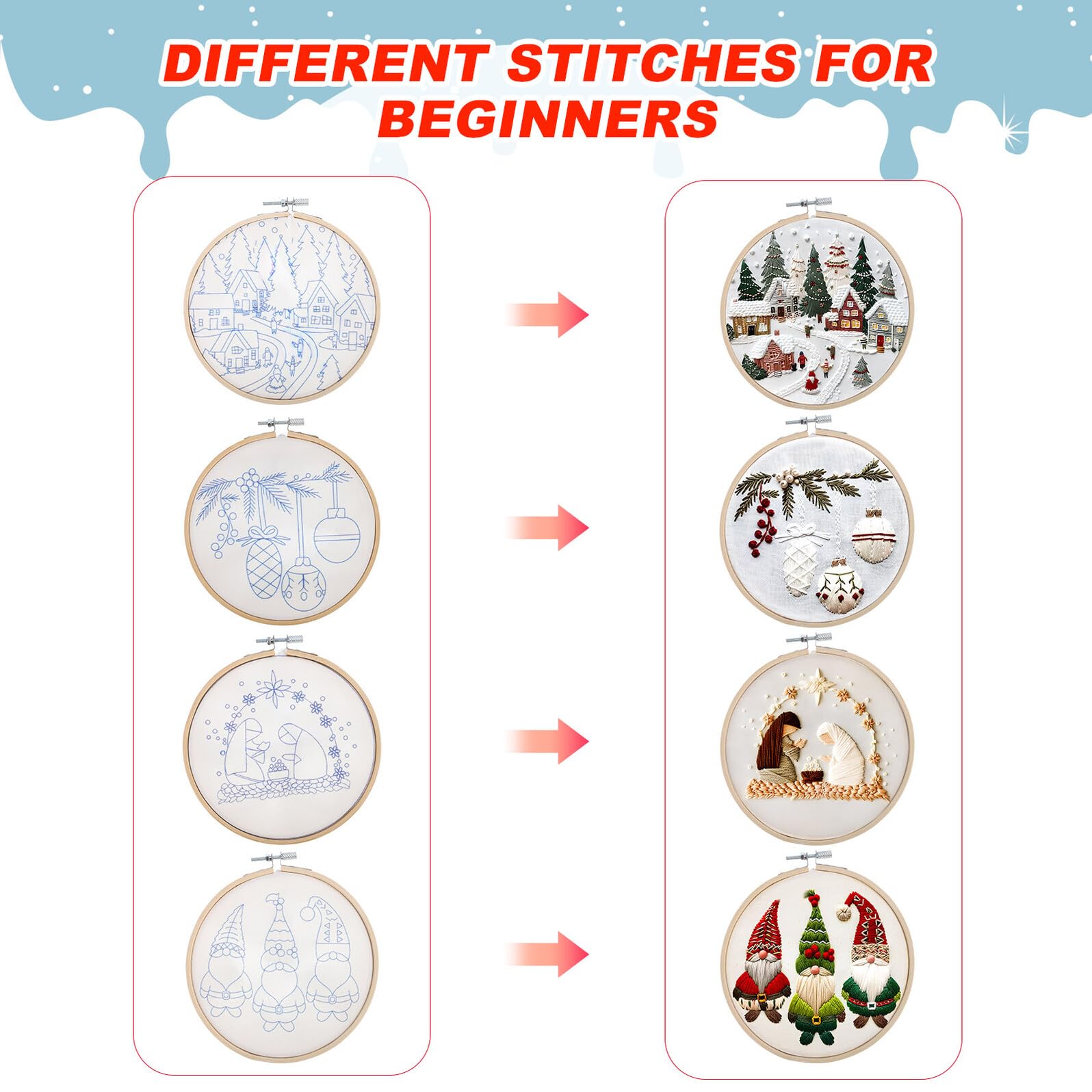 Homoyoyo Kit de Bordado Navideño para Principiantes 4 Aros de Bambú de 15 CM Telas de Lino y Algodón Incluye Tijeras Rosas Descosedor y Enhebrador Adecuado para Manualidades y