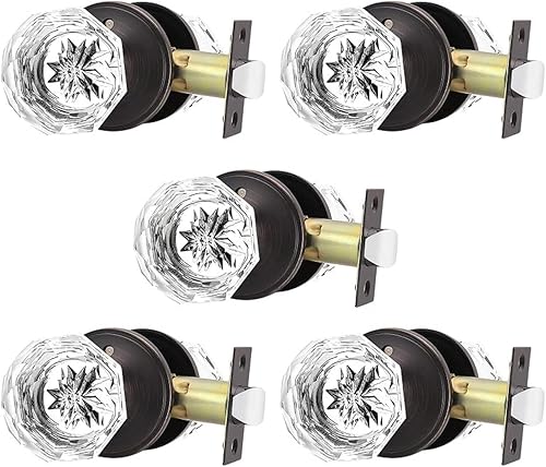 Orger Paquete de 5 pomos de puerta de vidrio con roseta de bronce aceitado, pomos de puerta de bañocama para uso de privacidad, manijas de puerta