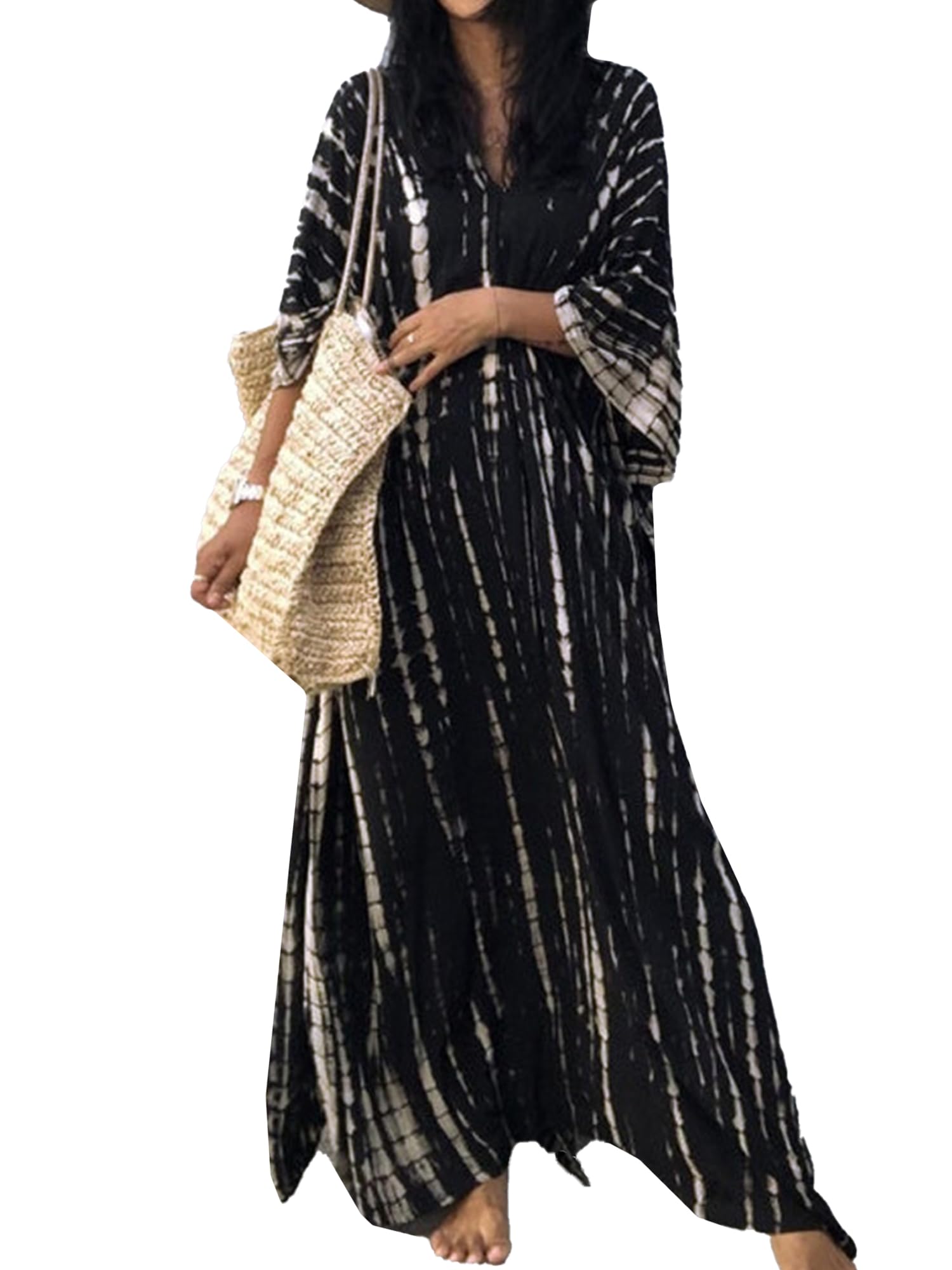 moss rose Women Summer Caftan Coverups Dress Kimono Beach Vacation Wear V Neck Print Maxi Boho Dress-picture-32