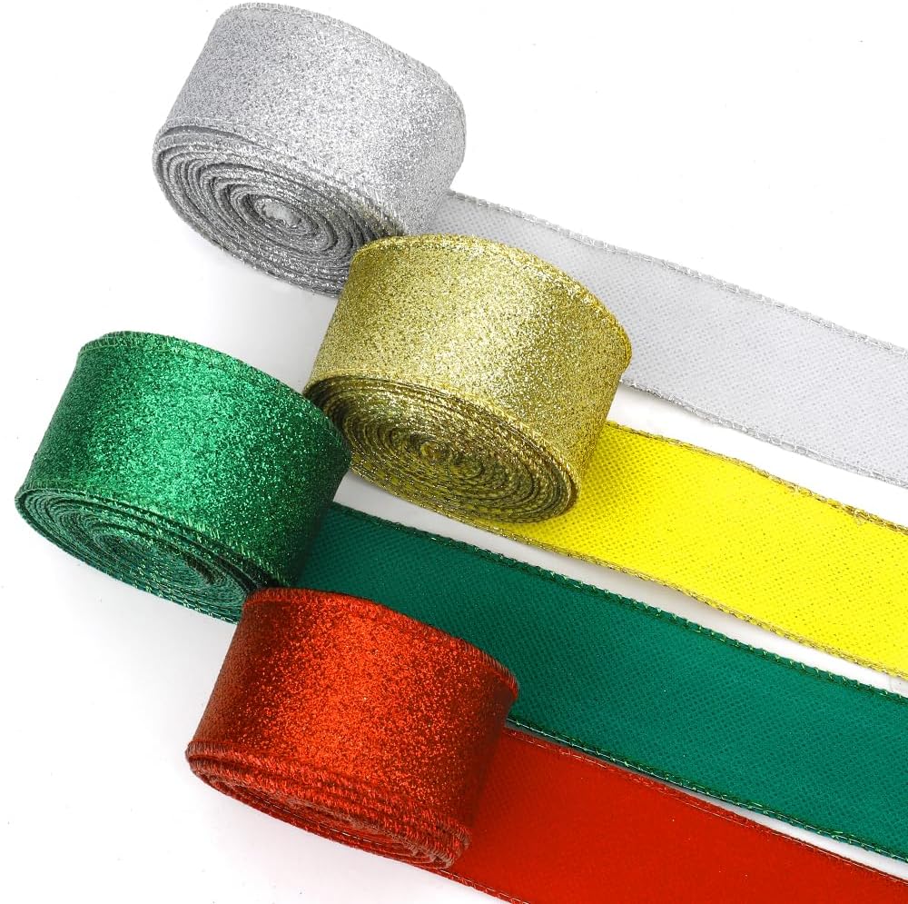 Glitter Ribbon Wired Christmas Ribbon for Christmas Tree, 1 1/2 Inch 40 Yards Gold, Silver, Red, and Green Wire for Gift Wrapping Birthday Party Wedding Decor Sparkly Decorations Glitter Fabric