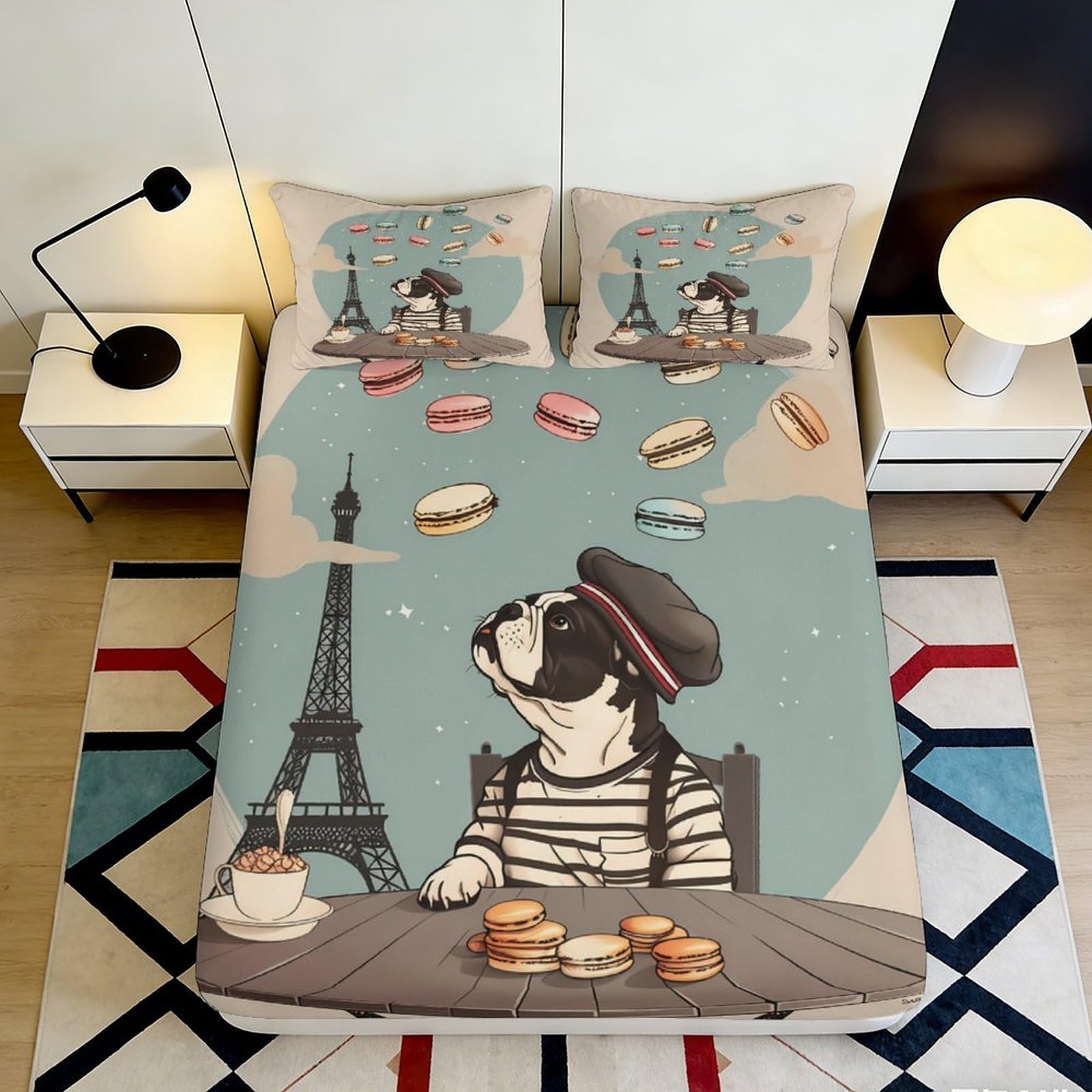 3D Printed French Bulldog Macarons Fitted Sheet Microfiber Soft Breathable Paris Bed Cover for Bedroom Dormitory Guest Room Mattress Protection 120x200x25cm