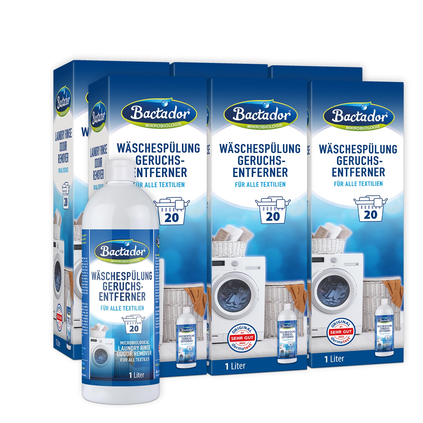Bactador Hygienespüler Wäsche 6 x 1L- Wäschespülung Geruchsentferner - Mikrobiologischer Enzymreiniger & Geruchsentferner Wäsche - Hygiene Waschmittel für alle Textilien - Geruchsneutralisierer