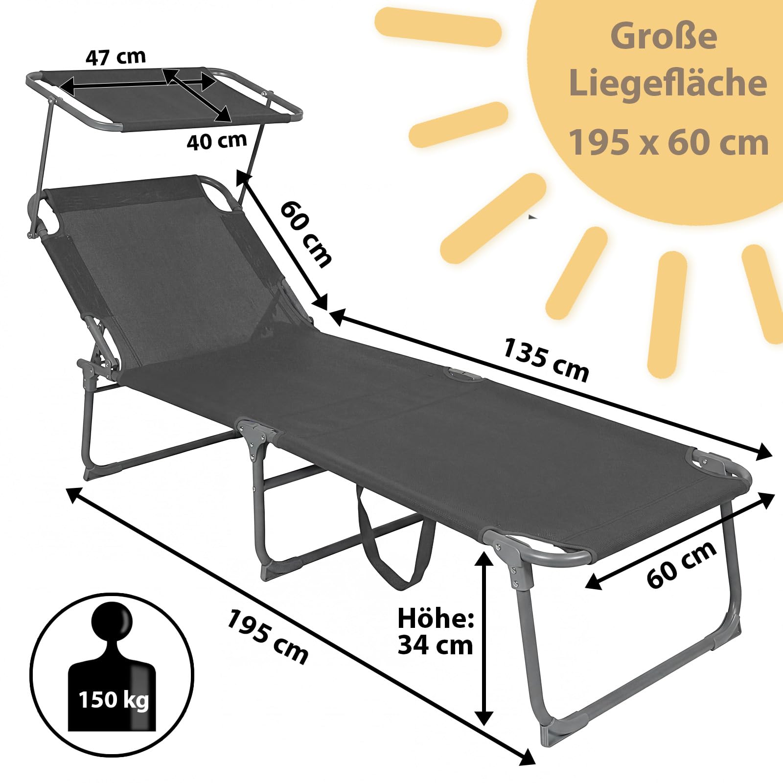 Montafox Sonnenliege klappbar 195 x 60 x 34 cm tragbarer Liegestuhl bis 150 kg mit Sonnendach Verstellbarer Rückenlehne für Garten Pool Terrasse Strand, Farbe:grau