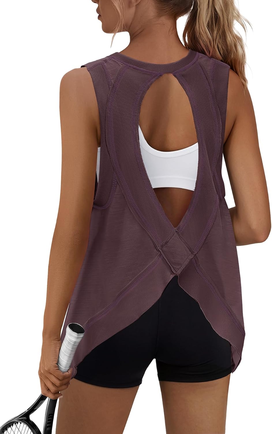 Yanekop Womens Athletic Tank Tops Open Back Sleeveless Workout Gym Shirts | Loose Fit Running Active Tank Top, Cute Long Workout Tank Activewear Tunic, Exercise Sports Yoga Outfits