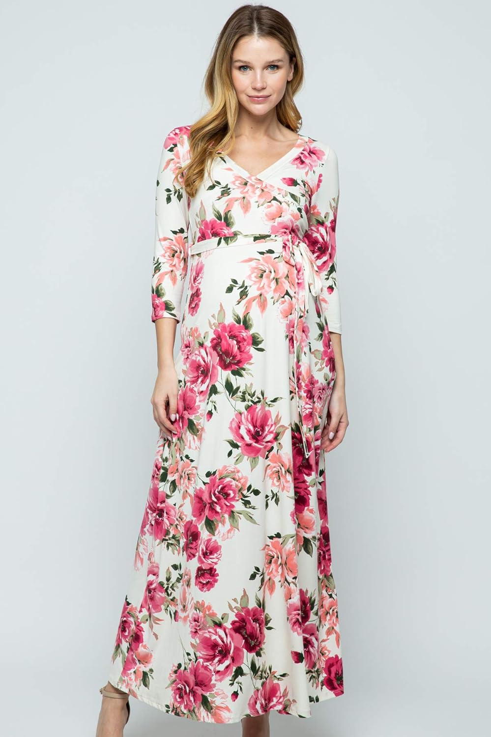 Women's Maternity Dress Maxi Long Length with Belt for Baby Shower, Photoshoot (Cream Flower, M)