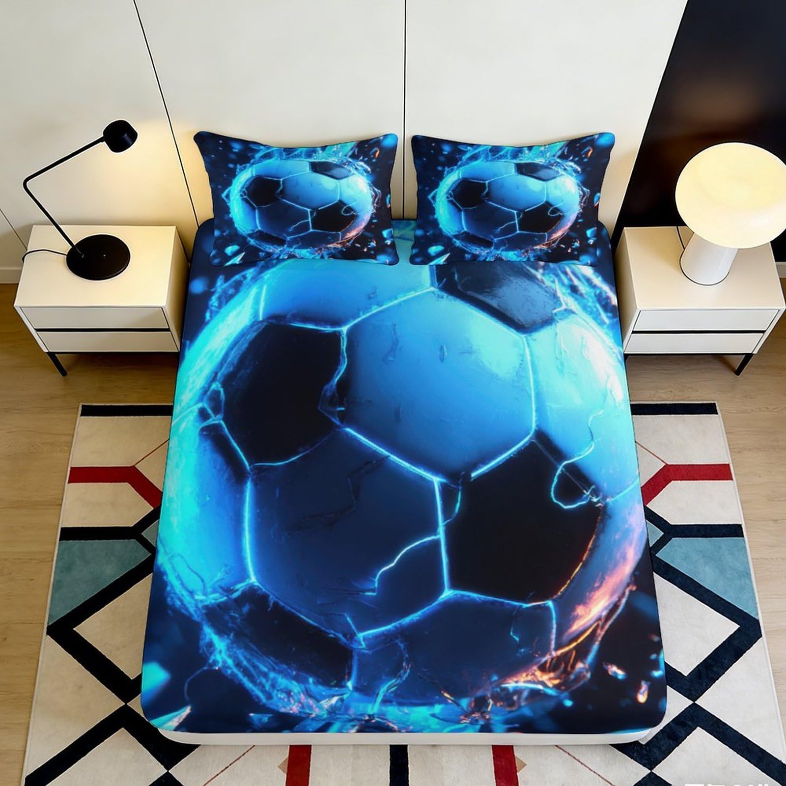 3D Printed Blue Neon Football Fitted Sheet Microfiber Soft Breathable Glowing Soccer Ball Mattress Cover for Bedroom Dormitory Guest Room Protection Decor 140x200x25cm