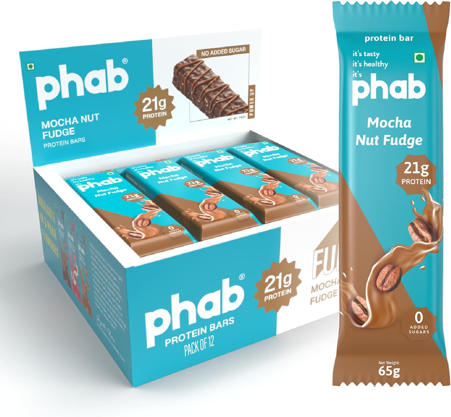 Phab Mocha Nut Fudge Protein Bar with 21g Protein, 8g High Fibre & 0 Added Sugar 100% Vegetarian | Healthy & Tasty Protein bars | Trans Fat-Free & No Preservatives Protein bars (Pack of 12 x 65g)